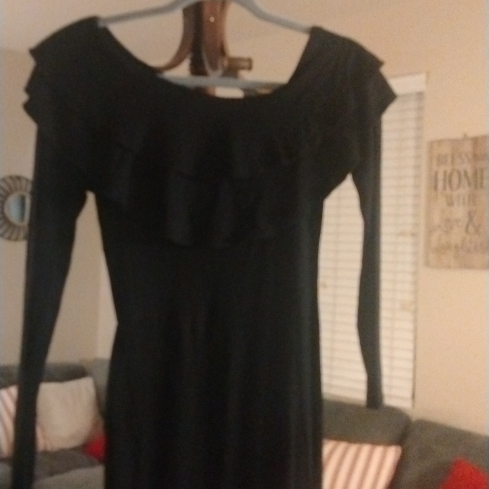 Asos black long fitted dress with ruffles around the neck.